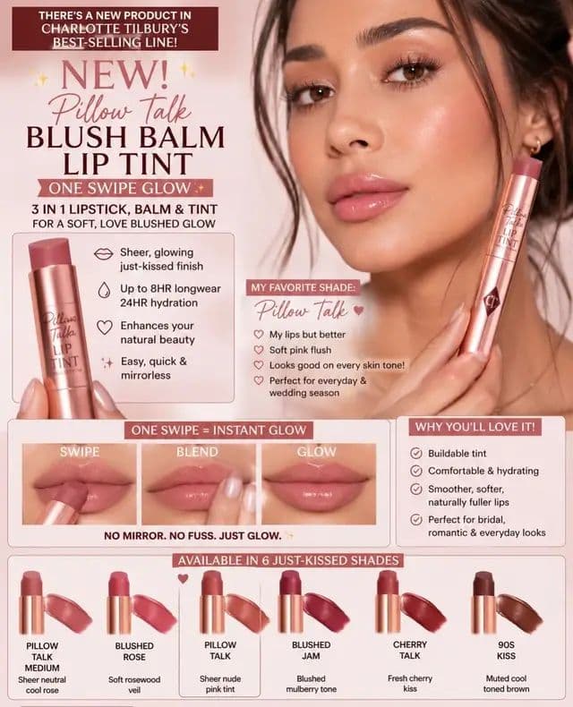The NEW! Blush Balm Lip Tint gives the prettiest soft-glow, “just kissed” lips 💋 Obsessed with how natural, glossy & effortless it looks for everyday makeup, soft glam, and bridal beauty looks 🤍 My favorite shades: 💖 Pillow Talk 🍒 Cherry Talk 🤎 90s Kiss ✨ 3 in 1 lipstick + balm + tint ✨ Sheer glow finish ✨ Hydrating & comfortable ✨ Perfect your-lips-but-better look Shop through my affiliate link/storefront 💕 CODE : CT-SOCVY8IGWNY #AD #CharlotteTilbury #magicbeautystars @Charlotte Tilbury