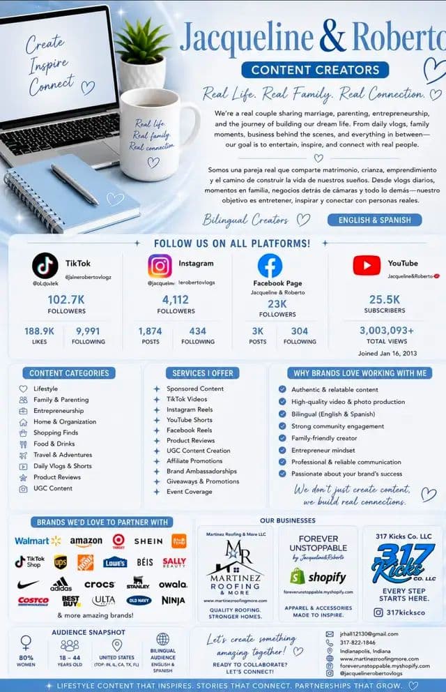 🎉 BIG ANNOUNCEMENT! 🎉 Today we're taking one more step toward a dream we've been building for years. We're officially opening Jacqueline & Roberto for brand partnerships. We're not celebrities. We're a real family building real businesses while documenting the journey every day. 💙 Bilingual Creators (English & Spanish) Our brands: 🏡 Martinez Roofing & More LLC 👟 317 Kicks Co. LLC 🛍️ Forever Unstoppable We create: ✨ Family Content ✨ Lifestyle ✨ Entrepreneurship ✨ Shopping ✨ Product Reviews ✨ UGC ✨ Small Business ✨ Day in the Life If your brand is looking for creators who genuinely care about storytelling and long-term partnerships, we'd love to connect. 📧 jrhall12130@gmail.com Comment the brand you'd love to see us work with. We'll tag them in future content. #UGCCreator #ContentCreator #BrandPartner #BilingualCreator #FamilyCreator @walmart @target @amazon @costco @samsclub @bestbuy @homedepot @lowes @menards @owenscorning @gafroofing @milwaukeetool @dewalt @ryobitools @nike @adidas @newbalance @crocs @skechers @hoka @vans @converse @underarmour @puma @sallybeauty @ultabeauty @sephora @elfyeah @cerave @starbucks @dunkin @ninjakitchen @keurig @cocacola @pepsi @shopify @capcut @canva @adobe @paypal @tiktokshop_us @airbnb @marriott @hilton @lego @fisherprice @carters