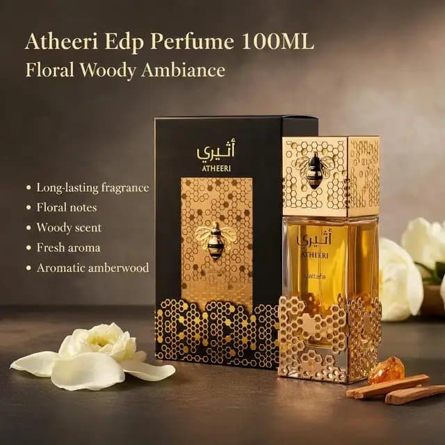 Golden honeycomb bottle, floral‑woody aura. Lattafa Atheeri wraps fruity top notes, white roses and water lilies in warm amberwood, musk and vanilla for a refined, long‑lasting signature scent that moves effortlessly from daytime elegance to evening sophistication. #weeklydeals #payday #lattafa #mensfragrance #floralwoody #longlastingperfume #tiktokshop