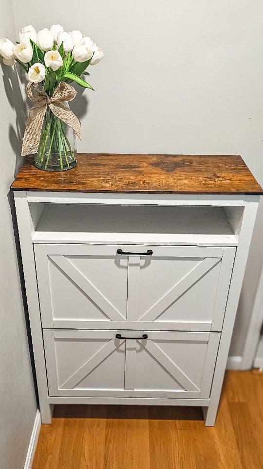 Got a shoe organizer cabinet and suddenly my entryway looks like I have my life together. The easiest upgrade with the b