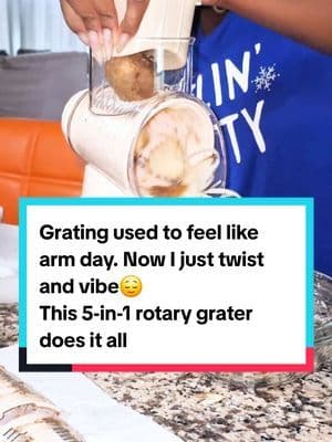 Grating used to feel like arm day. Now? I just twist and vibe 🌀😌 This 5-in-1 rotary grater chops, shreds, and slices *without the drama.* 🥕 Even carrots? Yup. 🧀 Blocks of cheese? MELTED. 🍠 Potatoes? Say less. 💫 I got cream because it matches my whole kitchen. Plus the triple discount? I felt *seen.* ✔️ \$30–\$33 ✔️ Free 3-day shipping ✔️ Save even more when you grab two ... \#fyp #abbydames #FunInTheSun #TikTokShopSummerTurnUp #Fanttik5thAnniversary #superbrandday #IfYouKnowYouKnow #TikTokShopMemorialDay #TikTokShopRestock #tiktokshopcreatorpicks #Austininfluencer #Austincreator #Texasinfluencer #Texascreator #UGC #TikTokpartner #blacktiktok #kitchengadgets #graterreview #easycooking #kitchenfinds #cookingsimplified #wifelife #graterhack #creatorsearchinsights