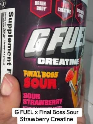 G FUEL x Final Boss Sour Strawberry Creatine gives you 5 grams of creatine monohydrate per serving in a sour strawberry drink mix. A fun switch when plain creatine is getting boring. Sour strawberry just made creatine more interesting. 🍓 #GFUEL #Creatine #CreatineMonohydrate #FitnessSupplements #TikTokShop