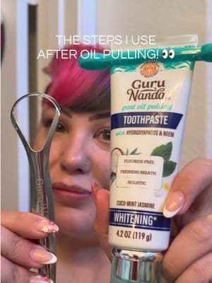 Lately I’ve been pairing my oil pulling routine with this @GuruNanda LLC post oil pulling toothpaste and my mouth feels SO refreshed afterward 🪥✨ It’s made with hydroxyapatite and neem to help support enamel and healthy gums, plus refreshing ingredients like mint, jasmine, clove, cardamom, and oregano oils 🌿 I also love that it’s fluoride-free and SLS-free, especially for sensitive teeth and gums. Such a refreshing addition to my nighttime oral care routine lately 😅✨ #gurunanda #oilpulling #tiktokshopsparkcreator #tiktokshopcreatorpicks #tiktokshopstockup