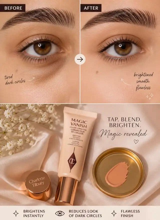 Magic Vanish instantly makes me look more awake with just a tap + blend 🤍 Shop through my affiliate link in bio ✨ Use my code: CT-SOCVY8IGWNY @Charlotte Tilbury #AD #CharlotteTilbury #magicbeautystars