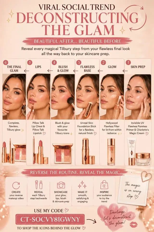 Showing every magical Tilbury step behind my final makeup look 💖 From glowing skin prep to the perfect Pillow Talk lips… this trend is EVERYTHING ✨ My glam routine essentials: 💫 Charlotte’s Magic Cream 💫 Invisible UV Flawless Poreless Primer 💫 Hollywood Flawless Filter 💫 Unreal Skin Foundation Stick 💫 Pillow Talk Lip Cheat & Lipstick Beautiful after… beautiful before 🤍 Use my code CT-SOCVY8IGWNY to shop my Charlotte Tilbury favourites ✨ #AD #CharlotteTilbury #MagicBeautyStars #DeconstructTheGlam #PillowTalk @Charlotte Tilbury